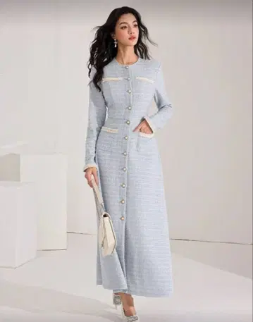 SHEIN 스카이블루 스트라이프 버튼 포함 긴팔 원피스