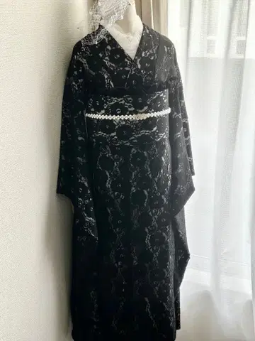 블랙 플라워 무늬 레이스 후리소데 세트