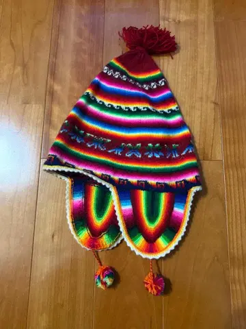 페루 현지 구매 핸드메이드 알파카 니트 모자 사이키델릭 컬러풀 레인보우