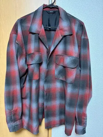 BEAMS 옴브레 체크 오픈 카라 셔츠 빨강 검정 긴팔 체크 셔츠 M