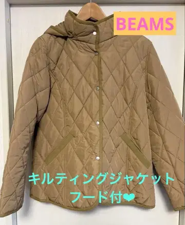 BEAMS 베이지 퀼팅 자켓 후드 부착