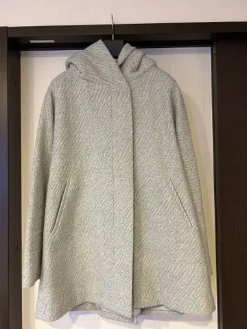 그레이 후드 부착 A라인 롱 코트