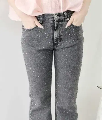 비즈 장식 그레이 플레어 데님