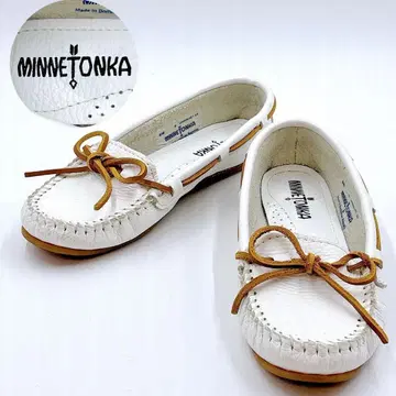 미네통카 화이트 가죽 모카신 가죽 끈 사이즈 5