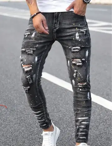 데미지 가공 스키니 데님 팬츠