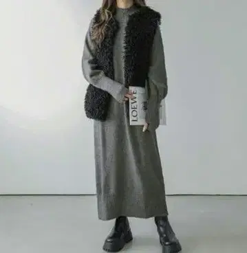 라지엠 하이넥 손가락 구멍 소매 맥시 길이 롱 니트 원피스 그레이