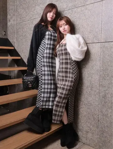 LIPSERVICE 페더 체크 앙상블 롱 원피스