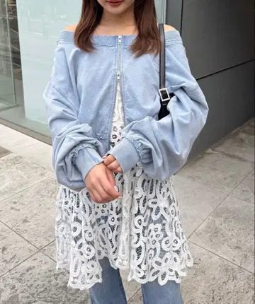 kastane 더블 집 오프숄더 맨투맨 가디건 색스 블루