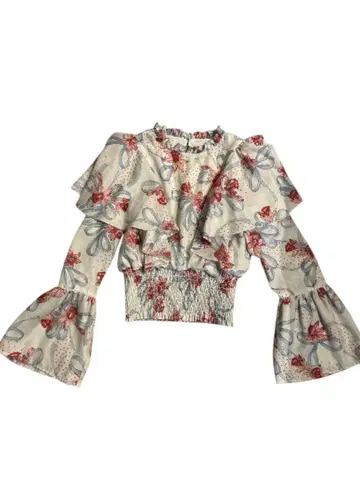 릴리 브라운 꽃무늬 리본 프릴 벨 슬리브 블라우스