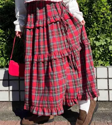 WC 체크 티어드 롱 스커트