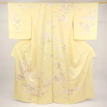 순수 실크 호몬기 꽃무늬 자수 연한 옐로우 컬러