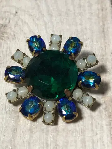 대형 에메랄드 유리 & 아쿠아 블루 우라늄 유리 브로치 빈티지