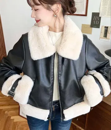 moment+ 인조 가죽 인조 모피 무스탕 자켓 M