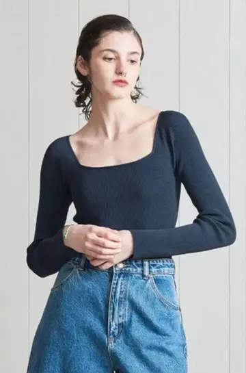 H BEAUTY&YOUTH 스퀘어 넥 리브 니트 풀오버