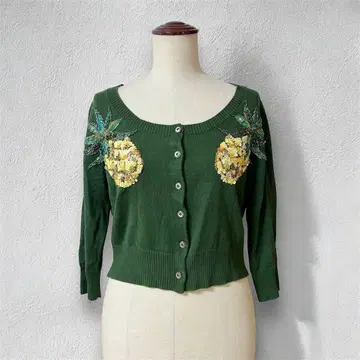 새상품급 케이타 마루야마 스팽글 자수 카디건 파인애플 과일 그린