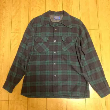 울 혼방 그린과 블랙 체크 무늬 플란넬 셔츠 M 사이즈
