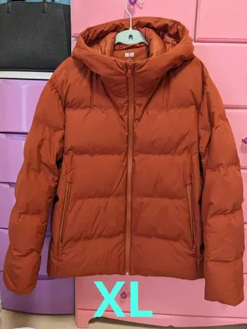 심리스 다운 유니클로 오렌지 후드 부착 다운 자켓