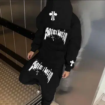 남성용 맨투맨 셋업 블랙 화이트 프린트