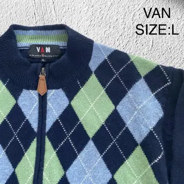 VAN JACKET 아가일 니트 블루종 L 울 100 더블 지퍼