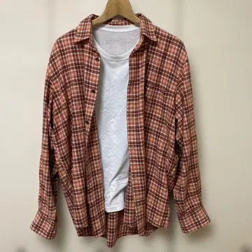 오렌지 계열 체크 무늬 플란넬 셔츠 L 사이즈