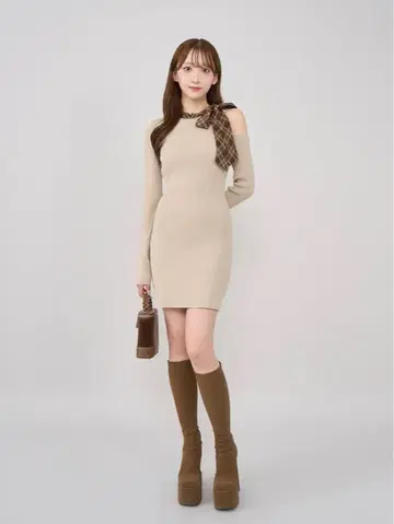 Darich 체크 리본 원숄 니트 미니 원피스