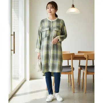 루필리안 롱 기장 체크 셔츠 튜닉 원피스 그린 코튼