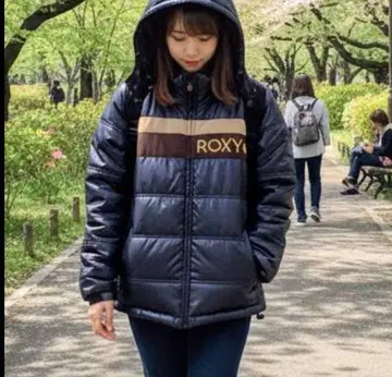 록시 패딩 자켓 M 네이비 코듀로이 절개 자수 로고