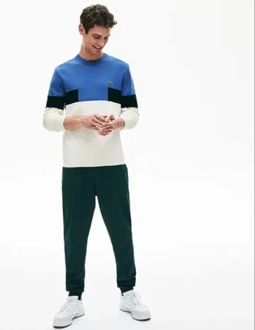 라코스테 컬러 블로킹 울 블렌드 코튼 니트 스웨터 화이트 x 블루