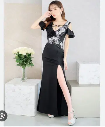 JEWELS 꽃무늬 크로스 자수 오픈 숄더 롱 드레스 L