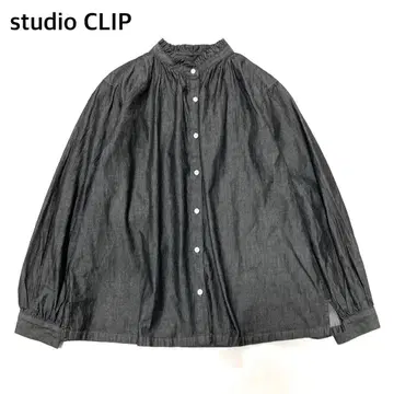 [새상품급] 스튜디오 클립 옷깃 프릴 긴팔 블라우스 블랙 데님