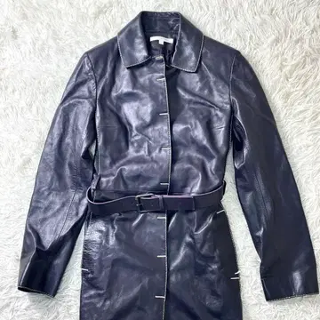 PAULE KA 폴카 가죽 코트 롱 퍼플 허리 벨트 36