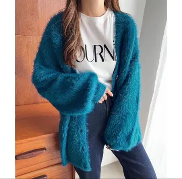 andme 페더 샤기 가디건 블루 그린