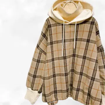 체크 셔츠 후드티 [ F ] 베이지 후드 니트 레이어드 오버사이즈
