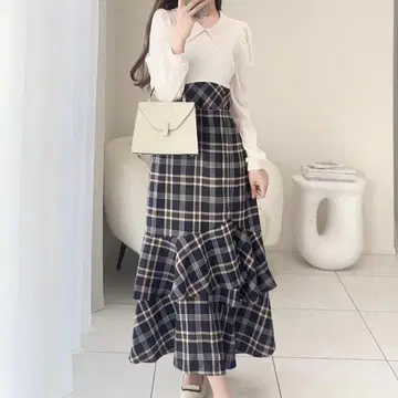 mily bilet 셔츠 옷깃 체크 아지메 프릴 도킹 롱 원피스