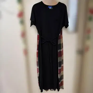 블랙 체크 무늬 반팔 롱 원피스