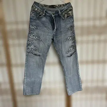 파도 자수 데님 팬츠