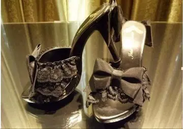 Jesus Diamante 리본 리본 핑 힐 블랙 샌들 갸루