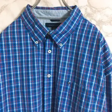 [놈코어] 타미힐피거 원포인트 자수 체크 셔츠 보라색 2XL