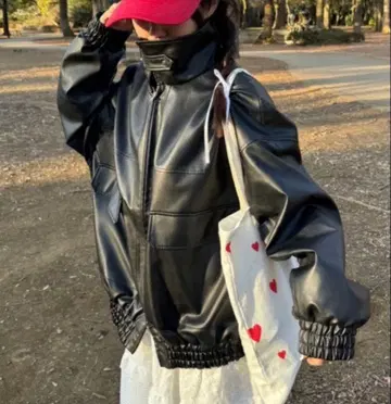 nemne store 인조 가죽 더블 지퍼 블루종