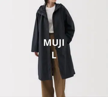 MUJI/무인양품/발수/후드 부착 코트 L 사이즈/네이비/롱 코트