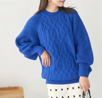 택 포함 새상품 로페피크닉 빅 케이블 니트 풀오버 블루 38
