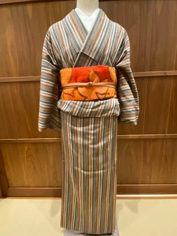 순수 실크 기모노 오메시 줄무늬