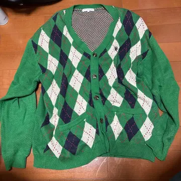 그린 아가일 무늬 니트 가디건