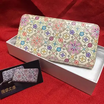 아사쿠사 문고 장지갑 미사용 소가죽 유젠 일본제 하나비시 패턴