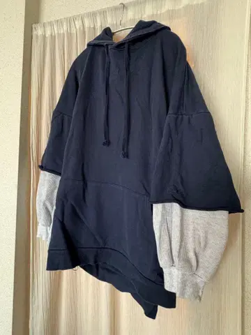 Vogue 오버 사이즈 후드티 와플 원단 레이어드 네이비