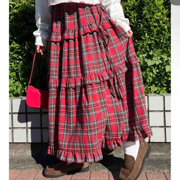 WC 체크 티어드 롱 스커트