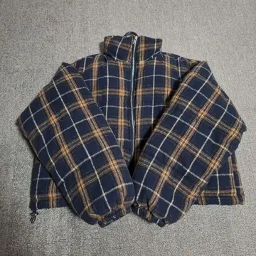 숏 기장 다운 자켓 네이비 오렌지 체크 무늬
