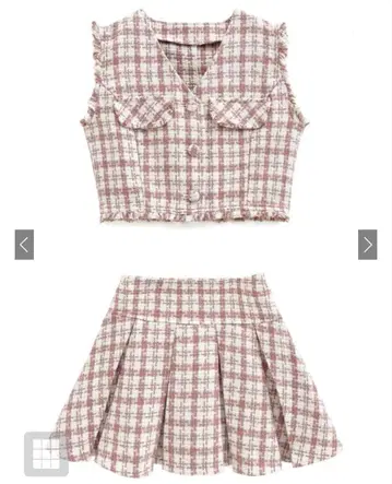 그레일 트위드 체크 베스트 x 플리츠 스커트 셋업[dk1279]