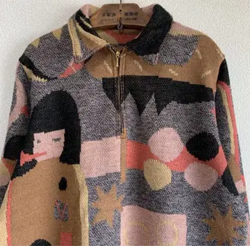 80s 90s 하프 지퍼 니트 올 패턴 피카소 추상화 믹스 컬러 레어