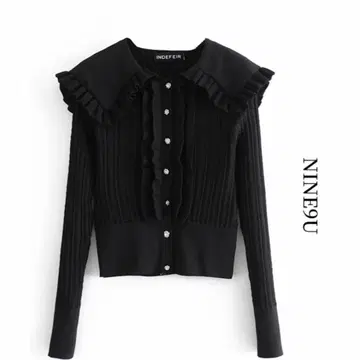 NINE9U 블랙 프릴 니트 가디건